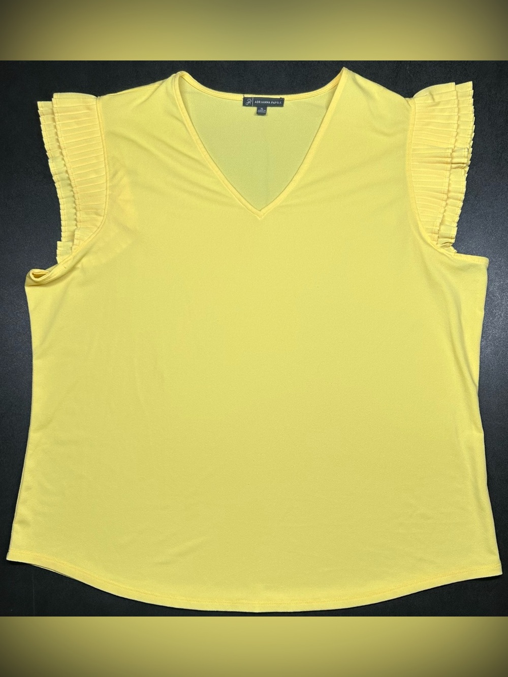 Adrianna Papell Size XL Yellow Pleated Ruffle Sleeve V-Neck Blouse